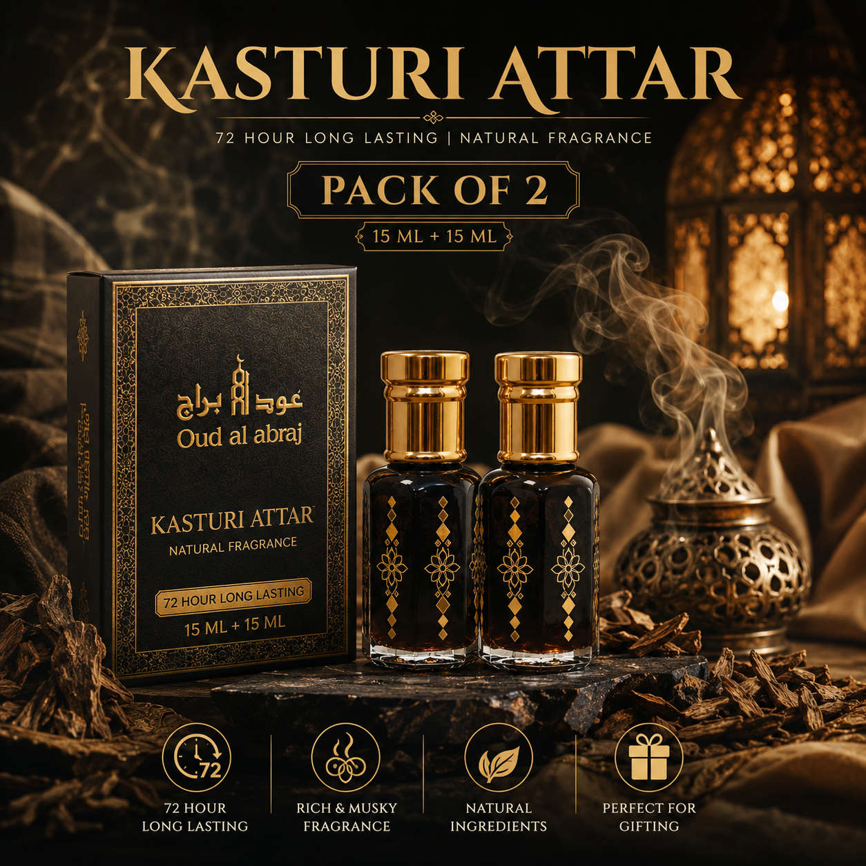 Original Kasturi Attar | 72 Hours Longest Lasting Attar | Pack of 2 | 15ML + 15ML
