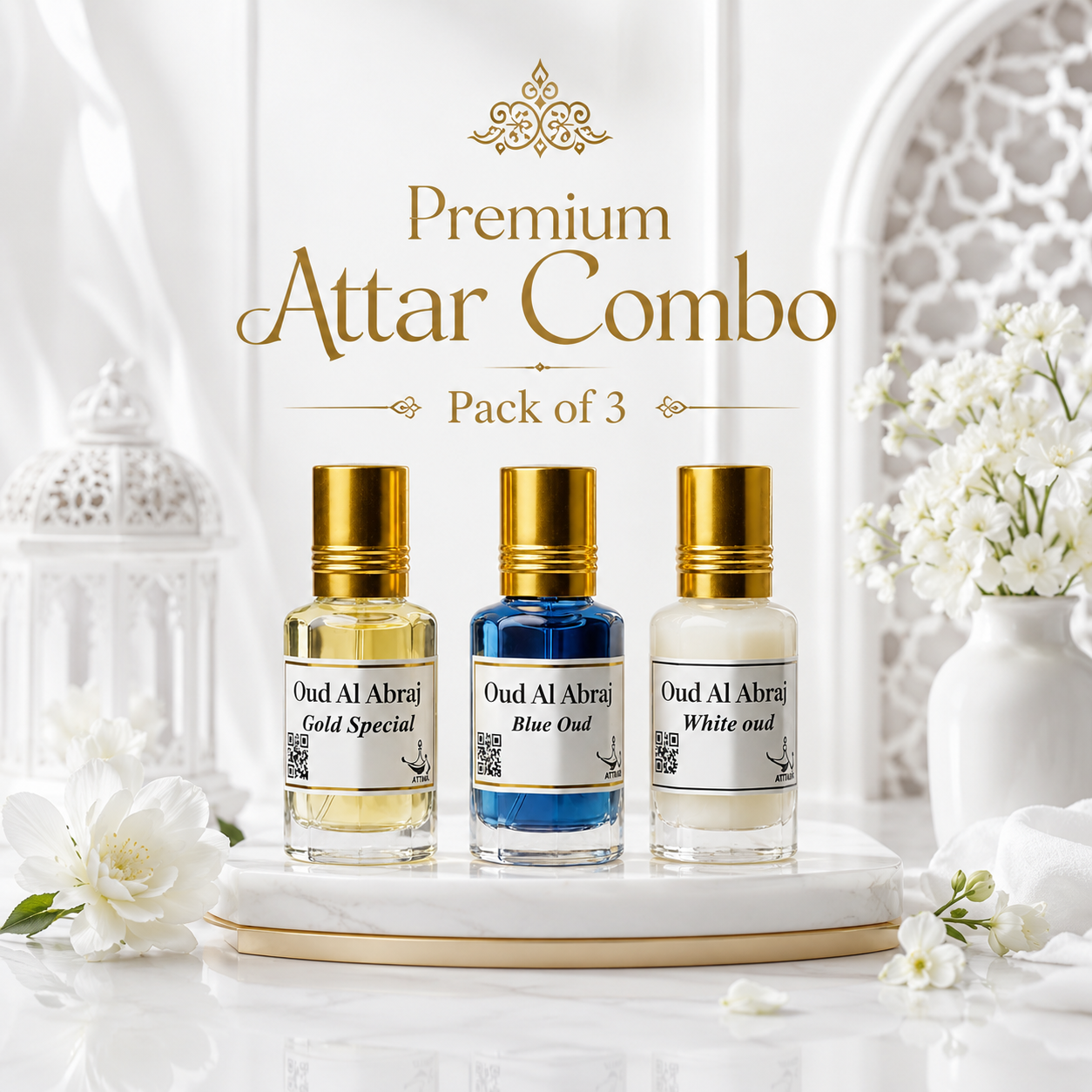 Luxury Attar Combo | Gold Special | Blue Oud | White Oud  [Pack of 3 X 15 ML] | 45 ML